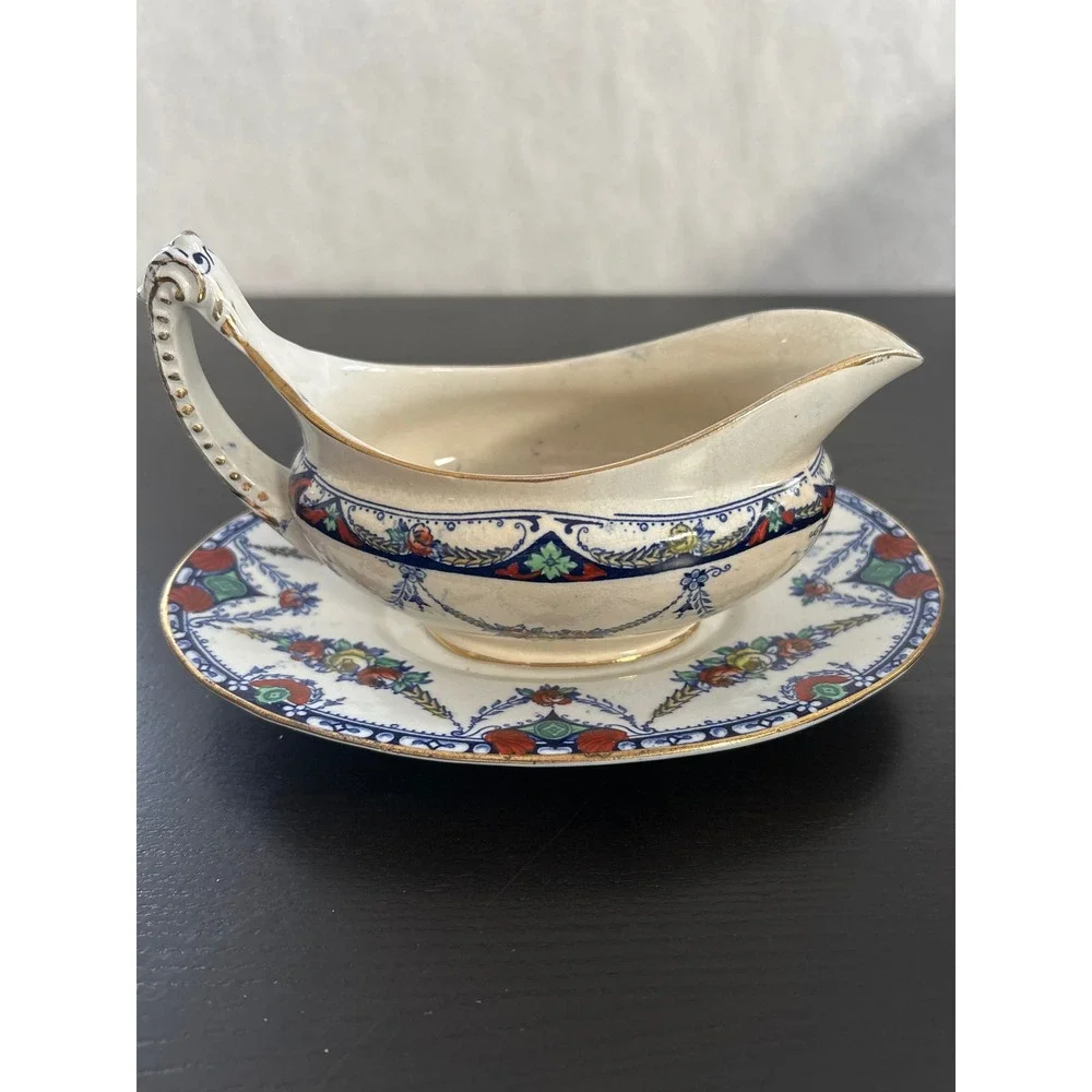 Barker Bros Merton Gravy Boat with Underplate Blue Floral Gold Trim England